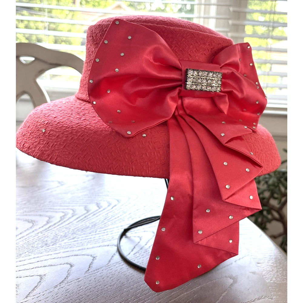 G.M.I. Elegant Coral Formal Hat Rhinestone Embellished Bow Cloche Church Hat